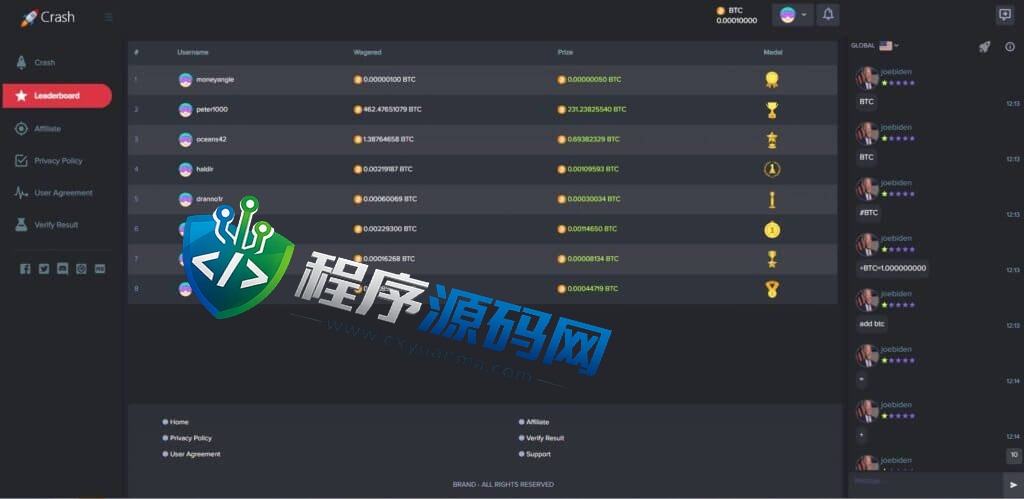 Crash海外爆点游戏源码/竞猜下注游戏/带聊天室/机器人/BTC充值