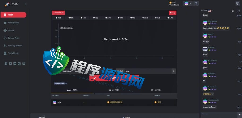 Crash海外爆点游戏源码/竞猜下注游戏/带聊天室/机器人/BTC充值