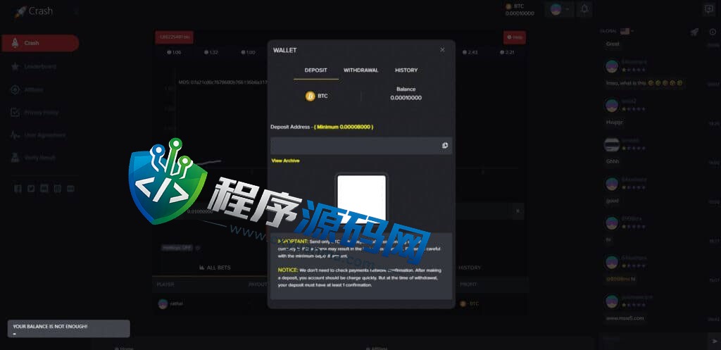 Crash海外爆点游戏源码/竞猜下注游戏/带聊天室/机器人/BTC充值